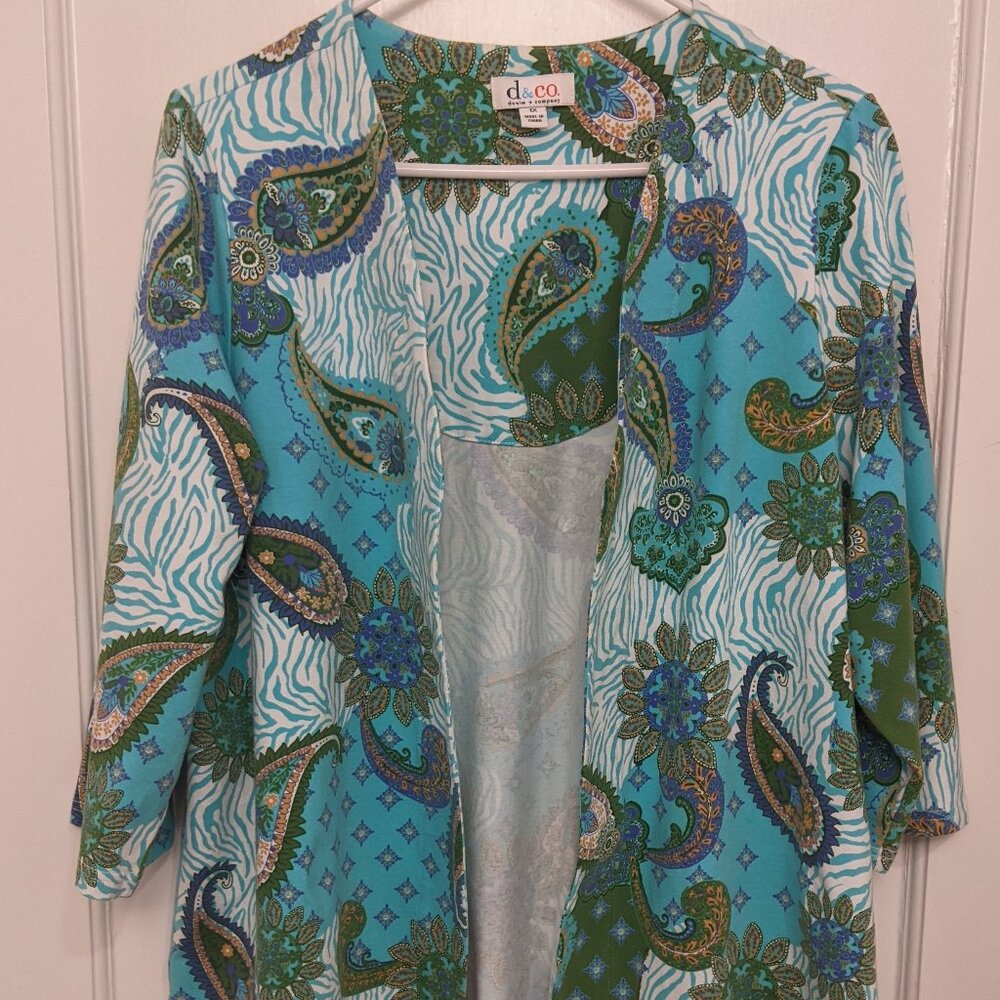 Denim & Co. Womens 1X Turquoise Paisley Open Front Jacket Cotton Boho Festival